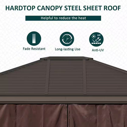 12 Ft. X 10 Ft. Steel Hardtop Canopy Gazebo with Fully Enclosed Zippered Curtains and Roomy Comfortable Interior, Brown