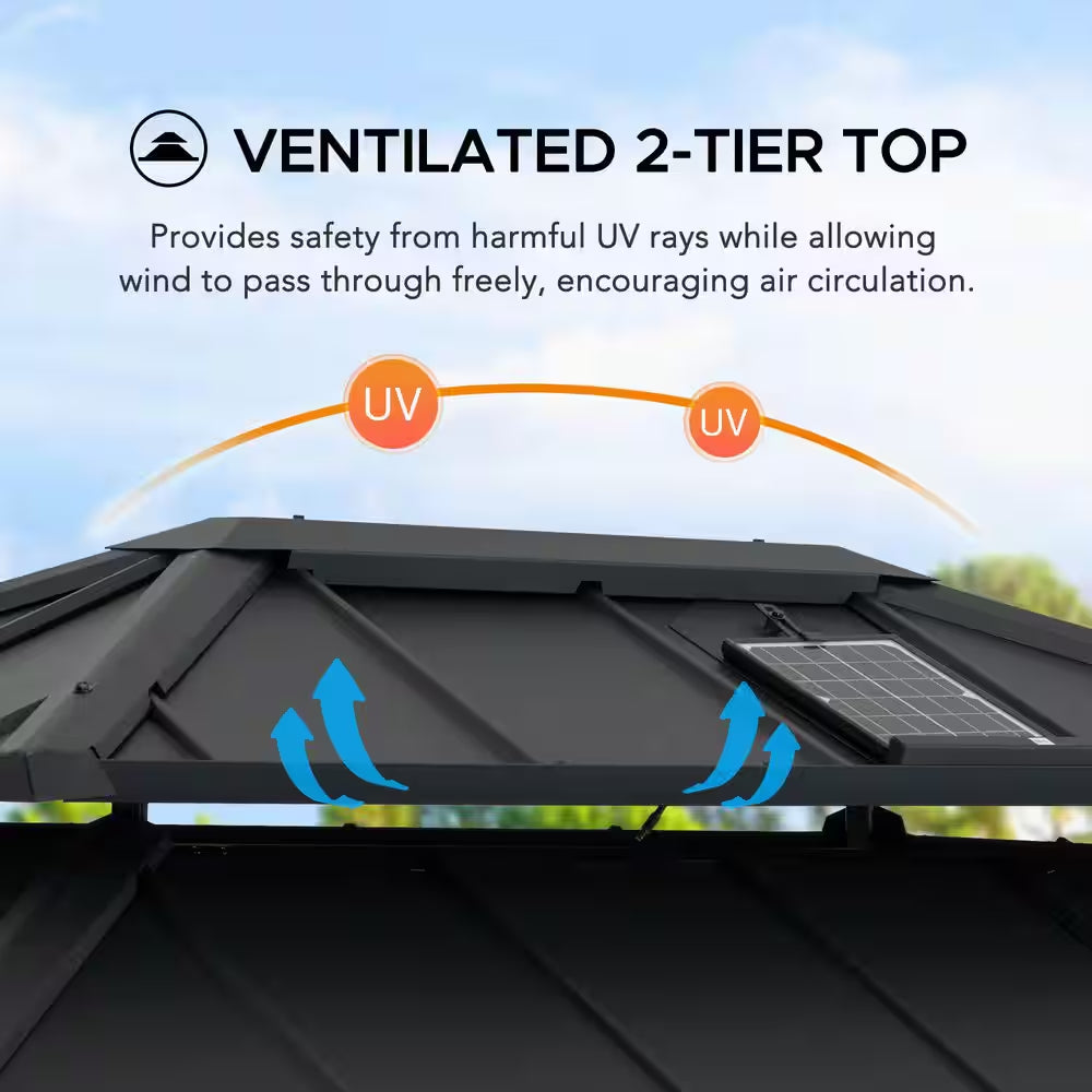 10 Ft. X 12 Ft. 2-Tier Black Power-Coated Steel Hardtop Gazebo Patio Aluminum Frame Gazebo with Solar Panel and Netting