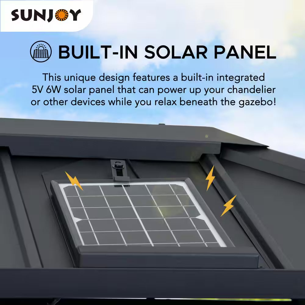 10 Ft. X 12 Ft. 2-Tier Black Power-Coated Steel Hardtop Gazebo Patio Aluminum Frame Gazebo with Solar Panel and Netting