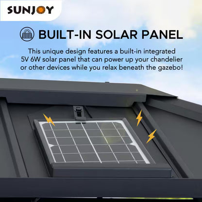 10 Ft. X 12 Ft. 2-Tier Black Power-Coated Steel Hardtop Gazebo Patio Aluminum Frame Gazebo with Solar Panel and Netting