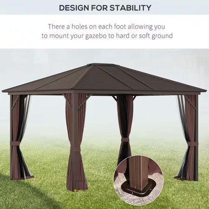 12 Ft. X 10 Ft. Steel Hardtop Canopy Gazebo with Fully Enclosed Zippered Curtains and Roomy Comfortable Interior, Brown