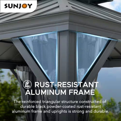 10 Ft. X 12 Ft. 2-Tier Black Power-Coated Steel Hardtop Gazebo Patio Aluminum Frame Gazebo with Solar Panel and Netting