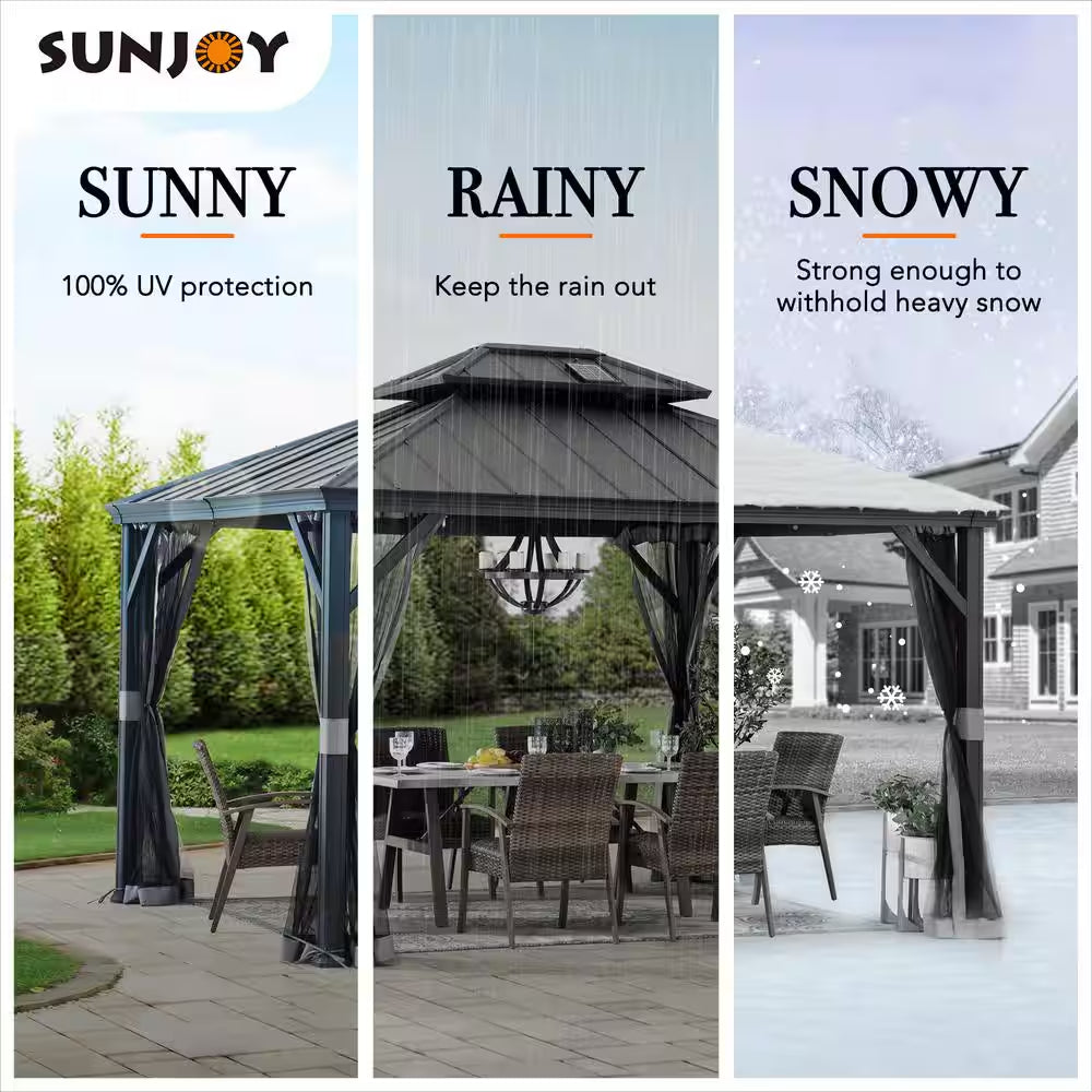 10 Ft. X 12 Ft. 2-Tier Black Power-Coated Steel Hardtop Gazebo Patio Aluminum Frame Gazebo with Solar Panel and Netting