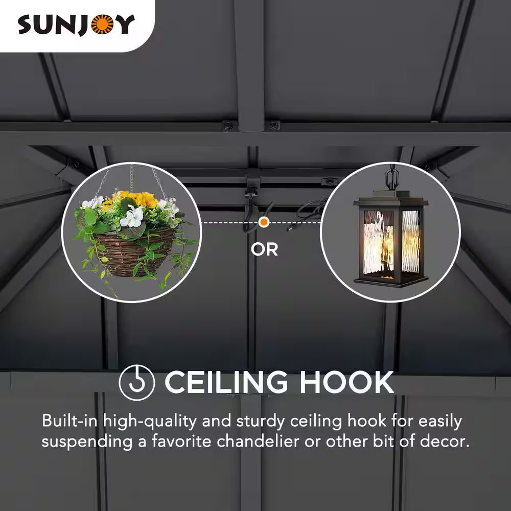 10 Ft. X 12 Ft. 2-Tier Black Power-Coated Steel Hardtop Gazebo Patio Aluminum Frame Gazebo with Solar Panel and Netting