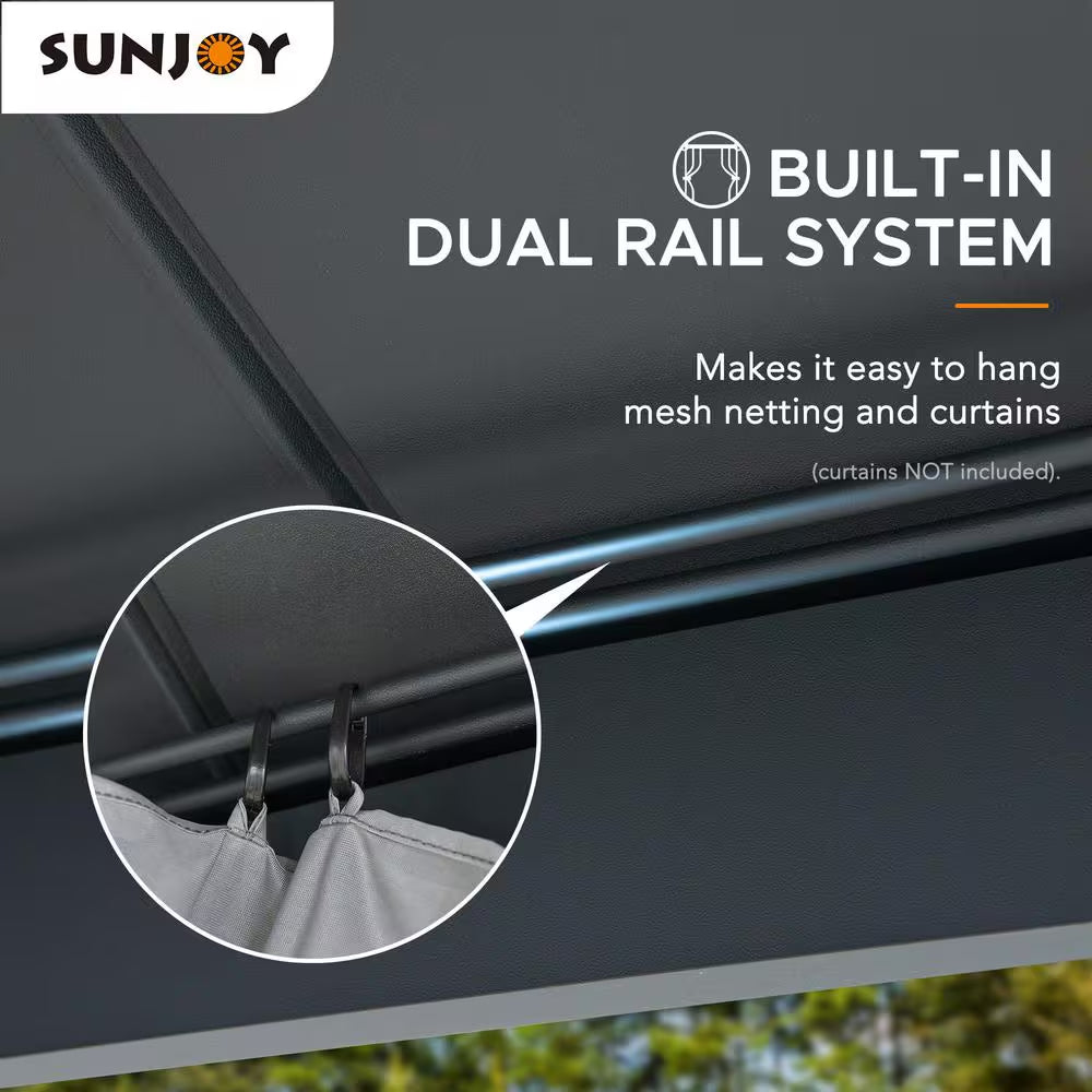 10 Ft. X 12 Ft. 2-Tier Black Power-Coated Steel Hardtop Gazebo Patio Aluminum Frame Gazebo with Solar Panel and Netting