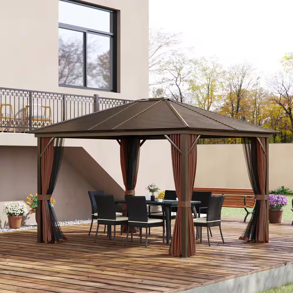 12 Ft. X 10 Ft. Steel Hardtop Canopy Gazebo with Fully Enclosed Zippered Curtains and Roomy Comfortable Interior, Brown