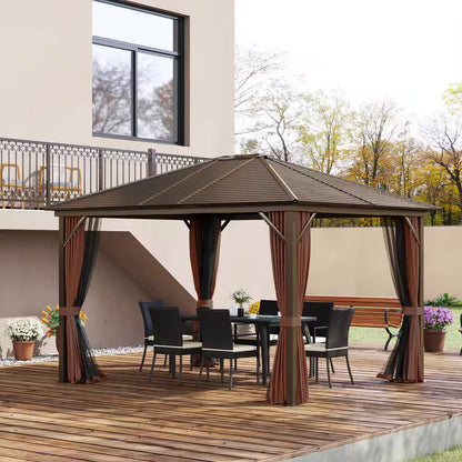 12 Ft. X 10 Ft. Steel Hardtop Canopy Gazebo with Fully Enclosed Zippered Curtains and Roomy Comfortable Interior, Brown