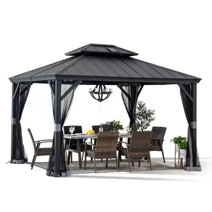 10 Ft. X 12 Ft. 2-Tier Black Power-Coated Steel Hardtop Gazebo Patio Aluminum Frame Gazebo with Solar Panel and Netting