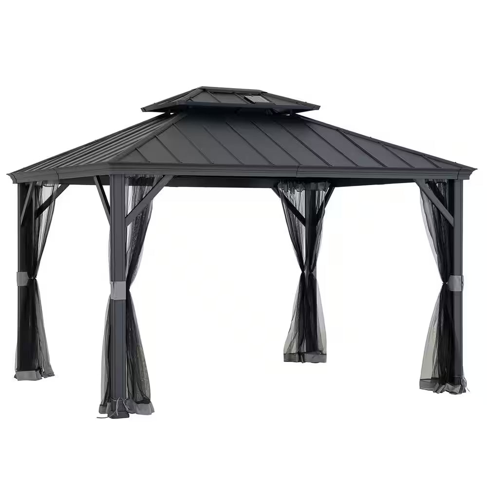 10 Ft. X 12 Ft. 2-Tier Black Power-Coated Steel Hardtop Gazebo Patio Aluminum Frame Gazebo with Solar Panel and Netting