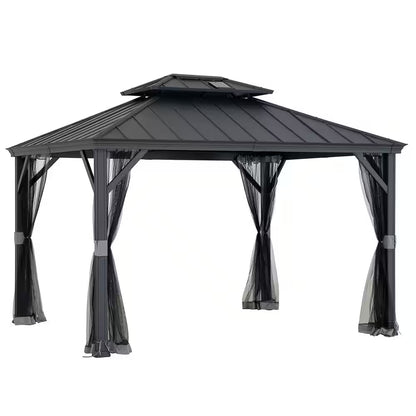 10 Ft. X 12 Ft. 2-Tier Black Power-Coated Steel Hardtop Gazebo Patio Aluminum Frame Gazebo with Solar Panel and Netting