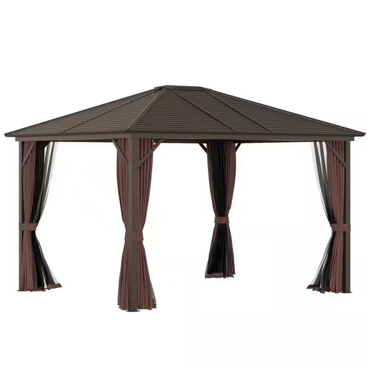 12 Ft. X 10 Ft. Steel Hardtop Canopy Gazebo with Fully Enclosed Zippered Curtains and Roomy Comfortable Interior, Brown