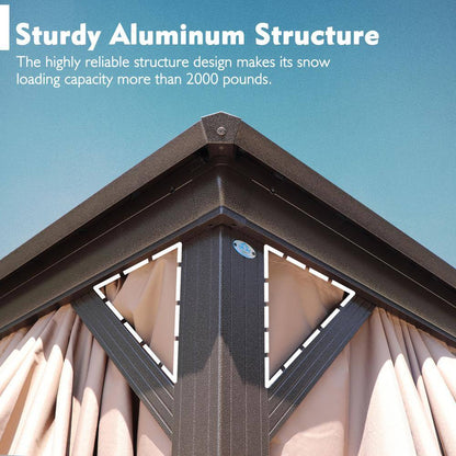 Caesar 12 Ft. X 16 Ft. Dark Brown Double Roof Permanent Hardtop Aluminum Gazebo with Netting and Sidewalls