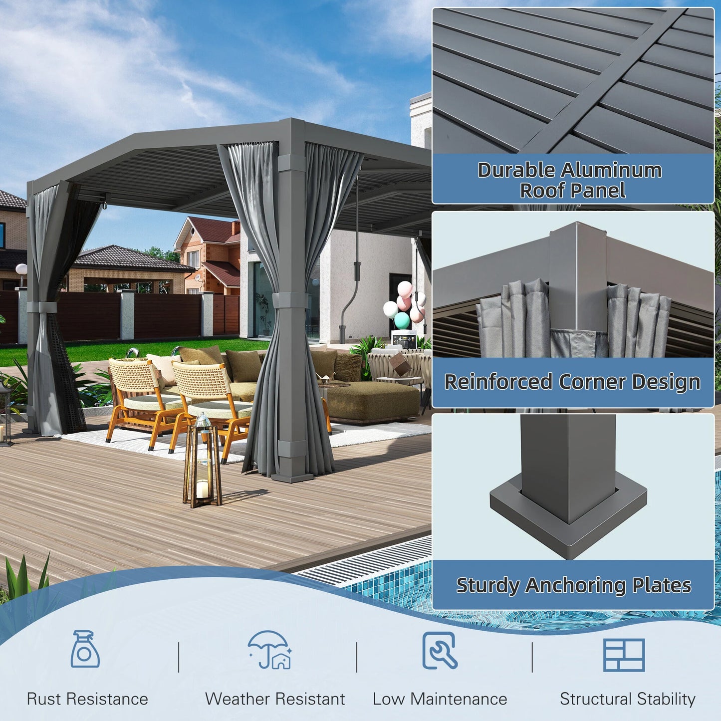 12X20 Louvered Pergola,Dark Grey Aluminum Frame with Adjustable Rainproof Roof, Featuring Waterproof Curtains and Nets