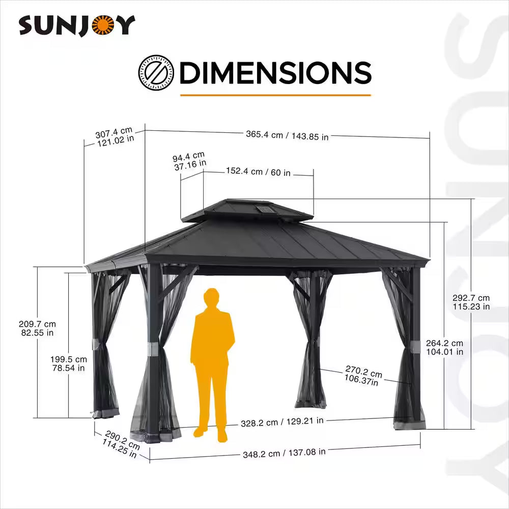 10 Ft. X 12 Ft. 2-Tier Black Power-Coated Steel Hardtop Gazebo Patio Aluminum Frame Gazebo with Solar Panel and Netting