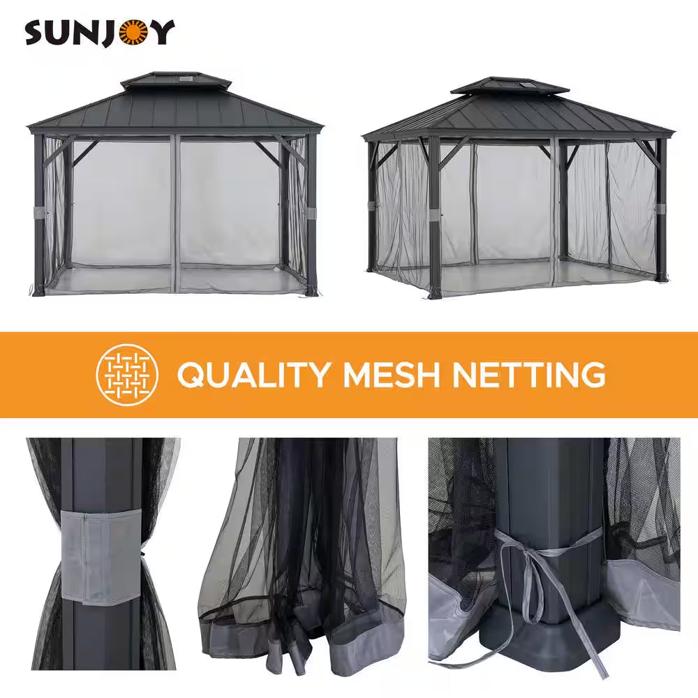 10 Ft. X 12 Ft. 2-Tier Black Power-Coated Steel Hardtop Gazebo Patio Aluminum Frame Gazebo with Solar Panel and Netting